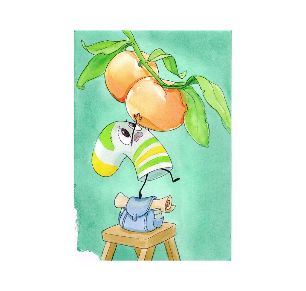 Watercolor test of Sammy trying to pick a peach.