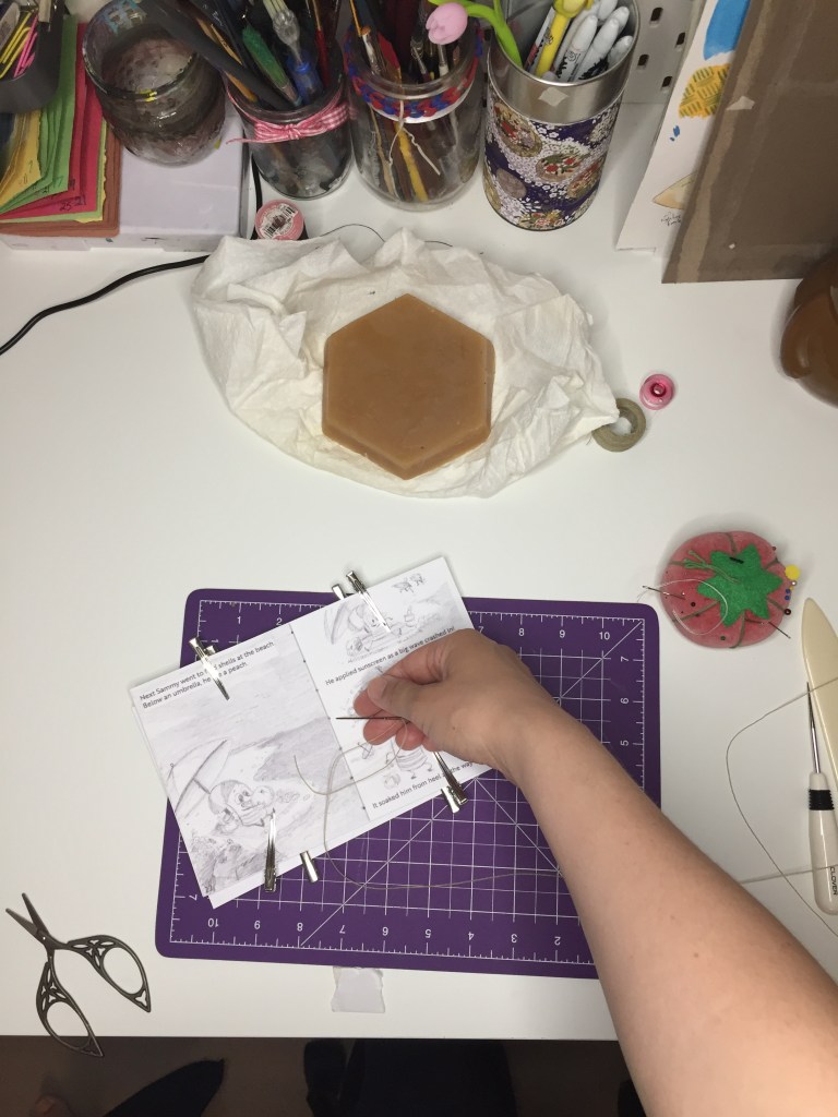 17. Sew in saddle stitch starting in middle. Leave a 6' tale for tying knots at the end.