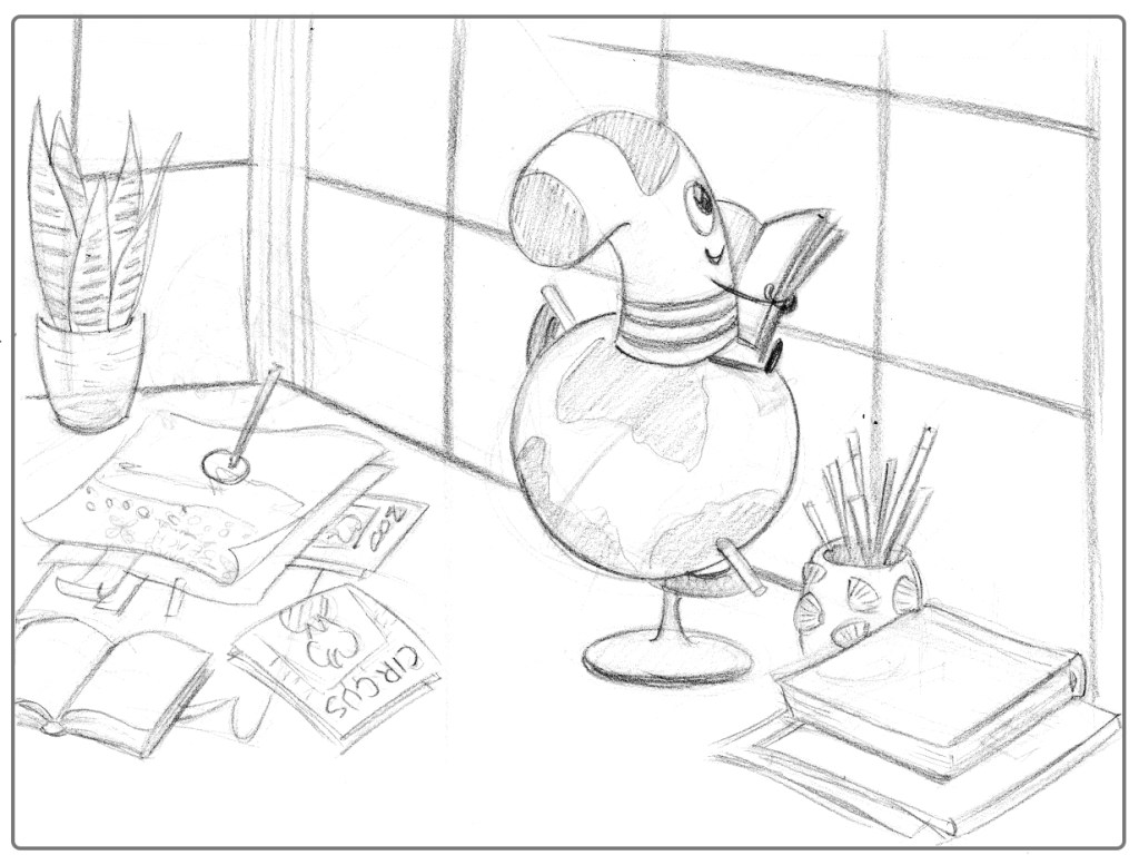 Sammy at the desk looking holding a book.