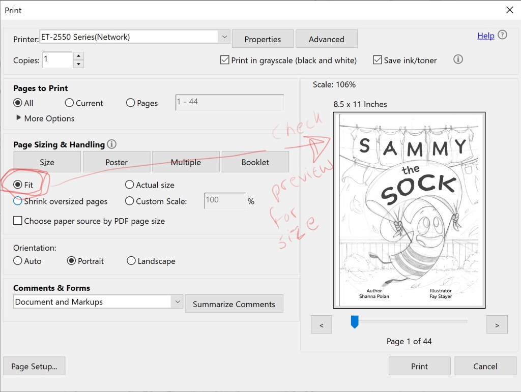 Select "Fit" to ensure pages print to the full page of paper and check the preview to confirm size.